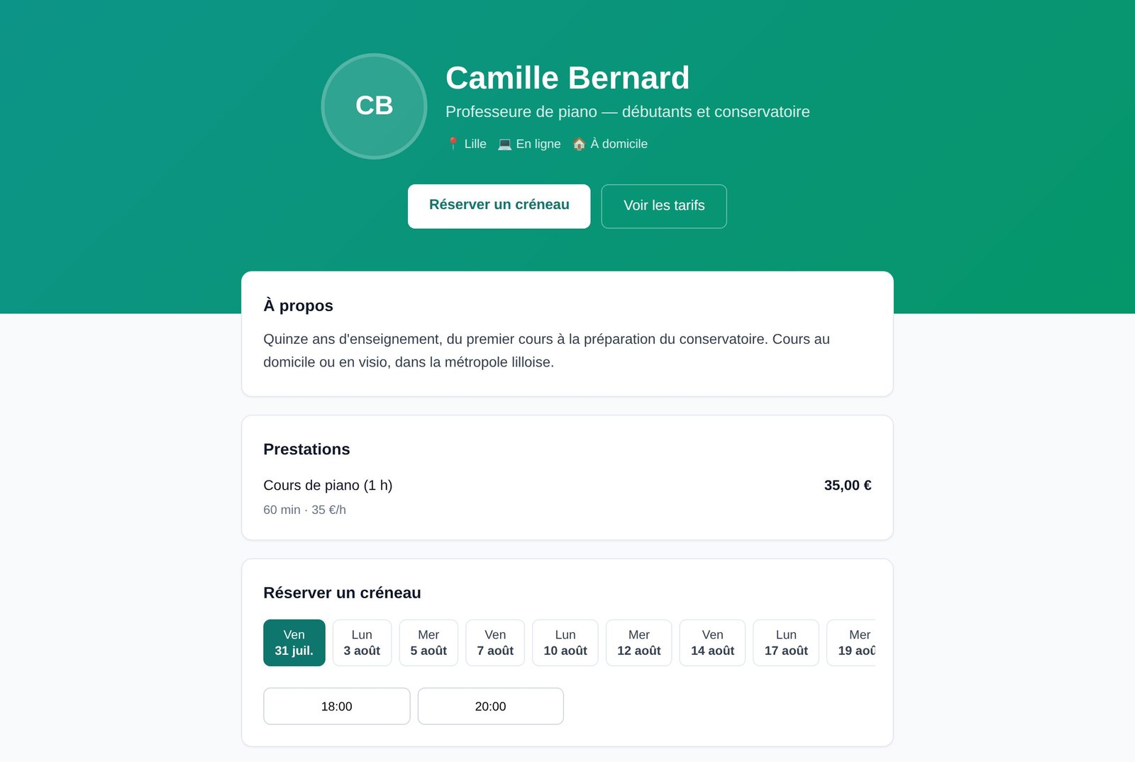 La page publique d’un professionnel sur CrescendoW, avec présentation, prestations et créneaux réservables
