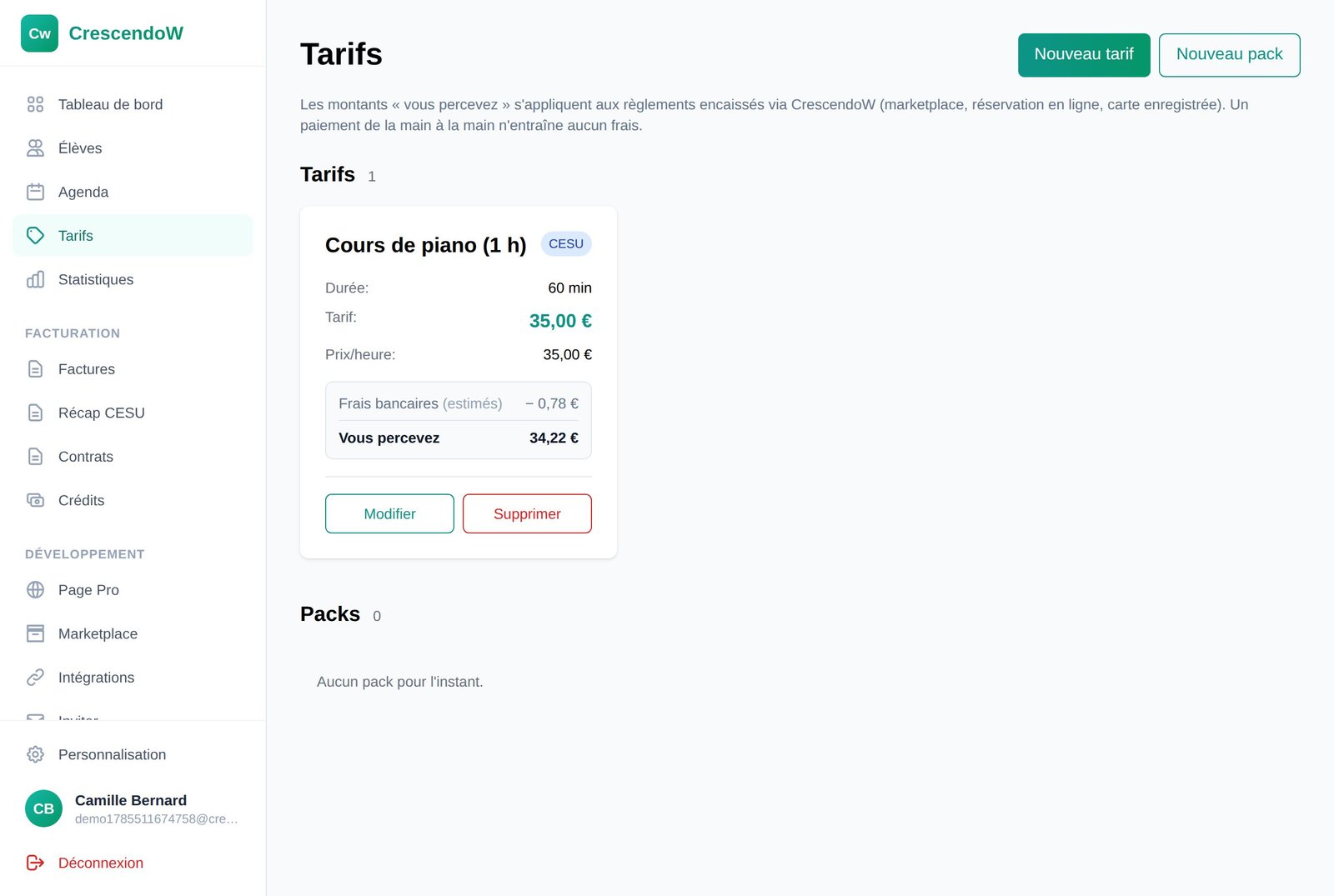 Les tarifs configurés dans CrescendoW : rendez-vous à l’unité et forfaits de plusieurs séances